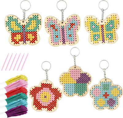 Wooden Cross Stitch Kits for Kids, Make Your Own 6 Cross Stitching Keyrings, Wood Sewing Kit, Arts & Crafts