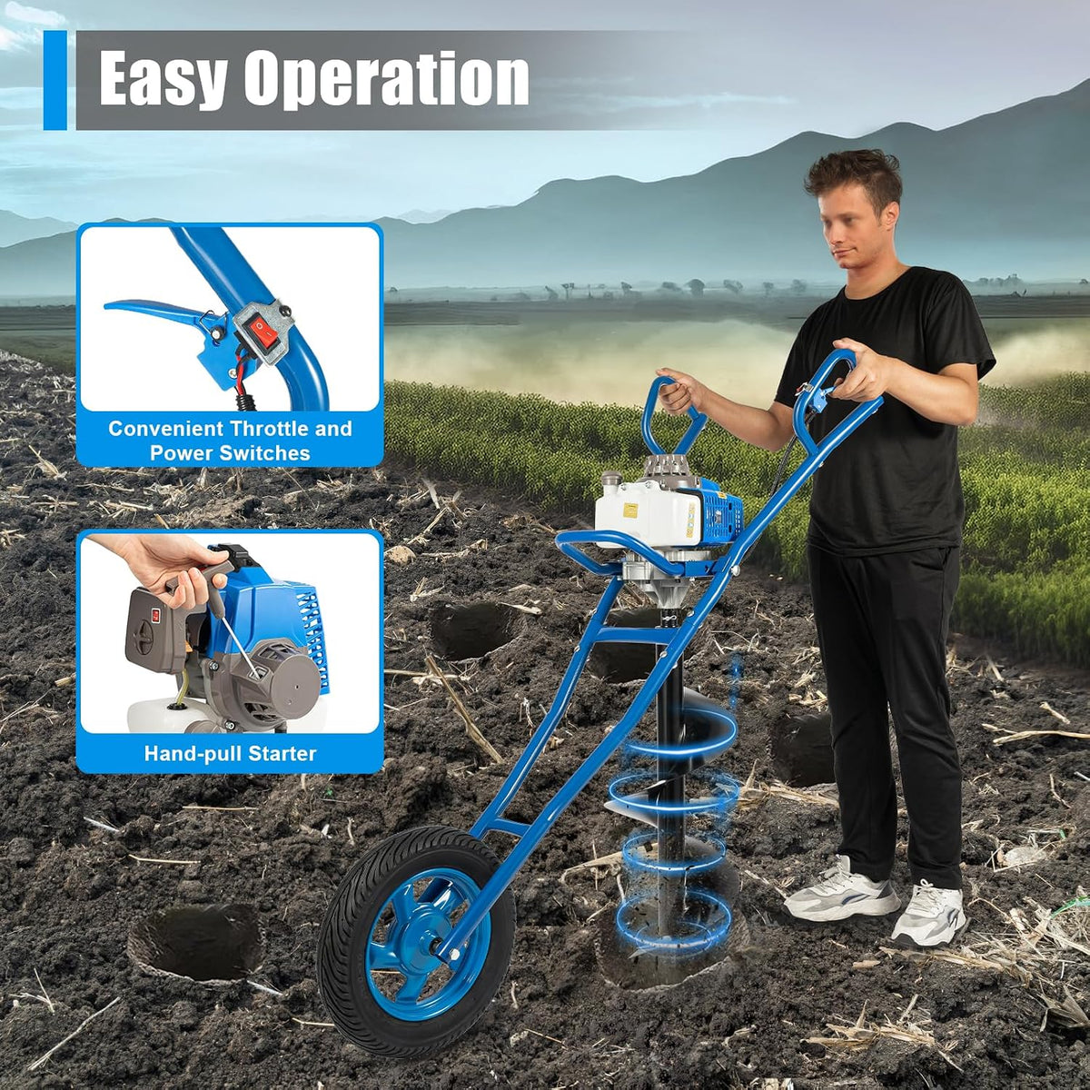 63CC 2-Stroke Post Hole Digger, 3HP Gas Powered Earth Auger Borer Ground Drill Gasoline Earth Auger Wheelbarrow with