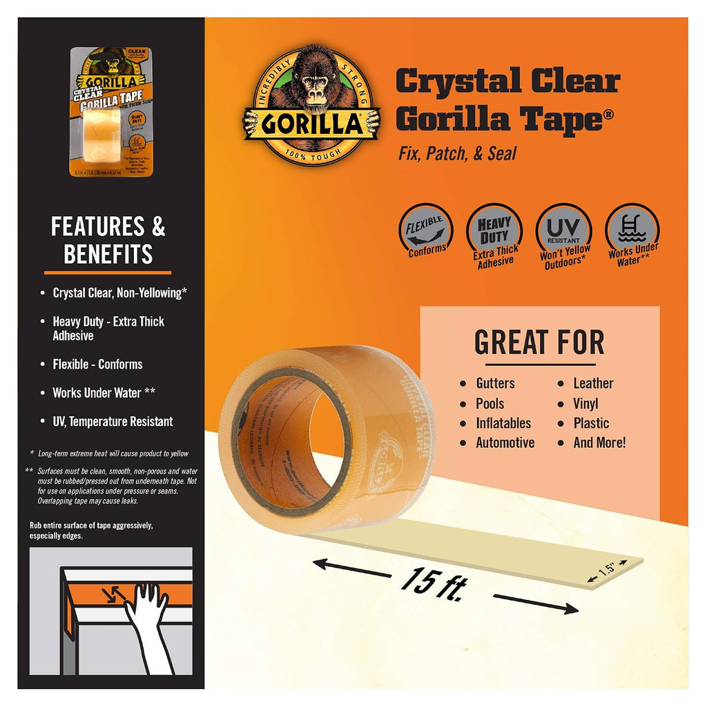 Crystal Clear Duct Tape, 1.5" x 5 yd, Clear, (Pack of 3)