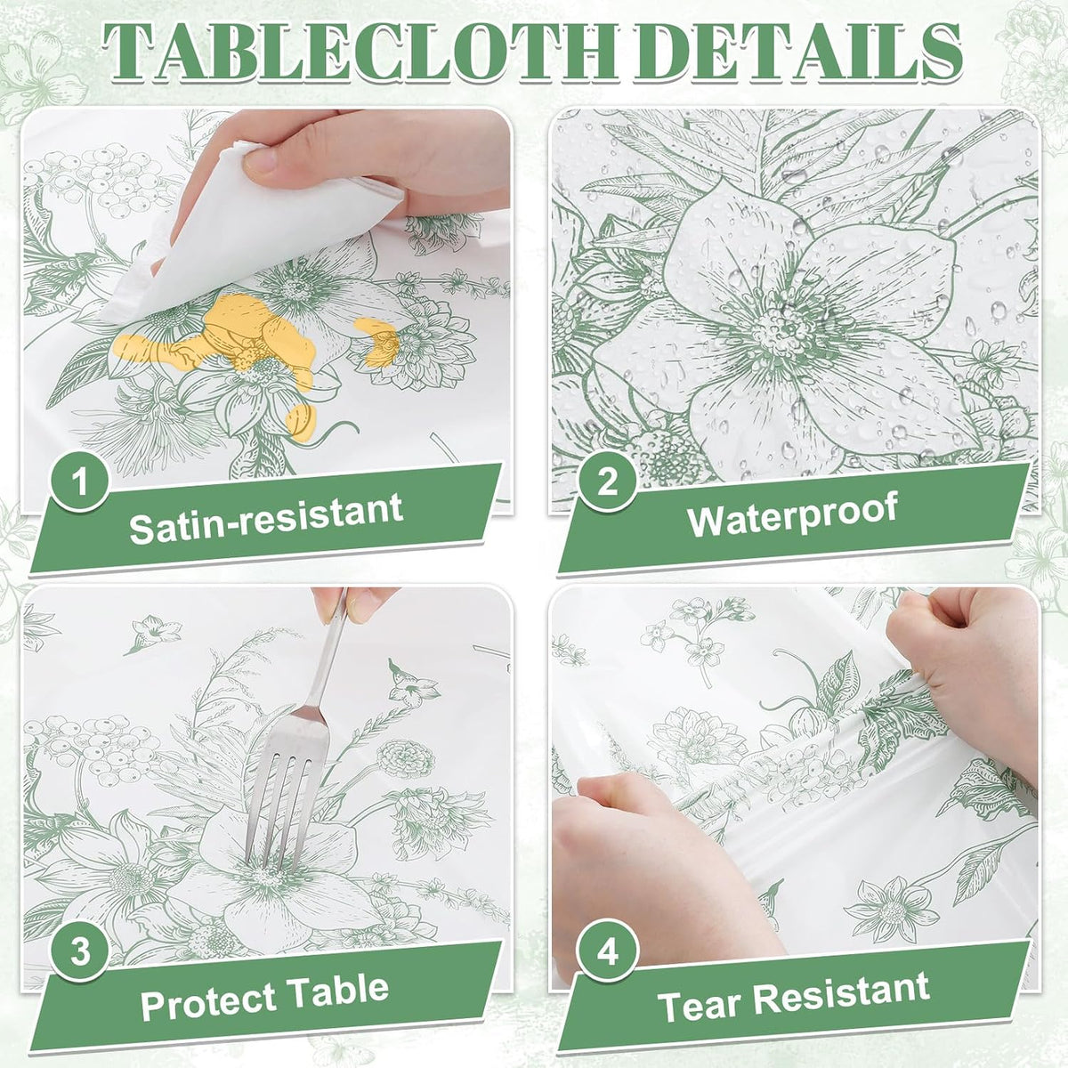 3 Pack Sage Green Floral Plastic Tablecloths, Tea Party Tablecloth