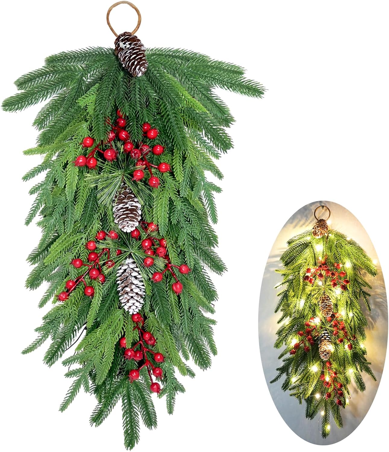2025 Upgraded 26inch Christmas Swag with Lights Lush Norfolk Pine Teardrop Swags Christmas Wreaths with Lights