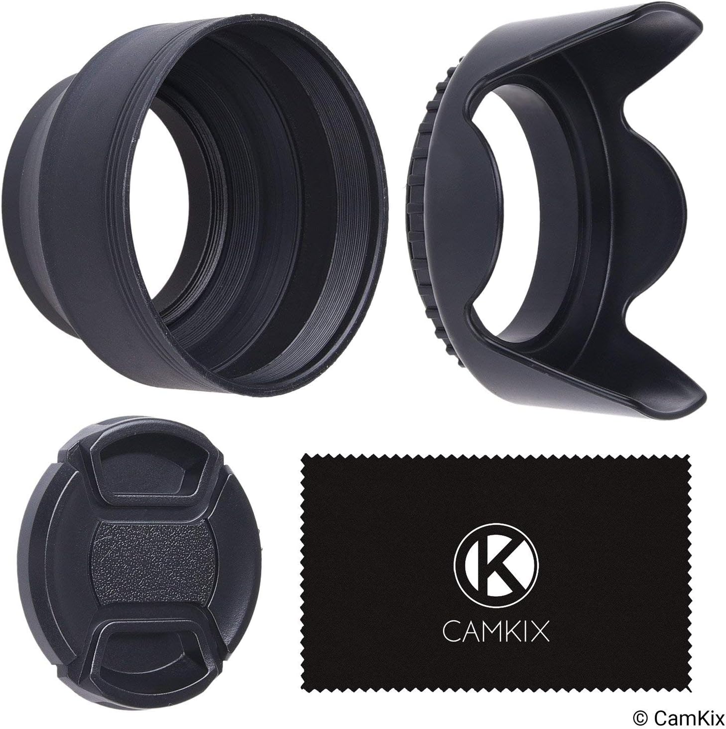 77mm Set of 2 Camera Lens Hoods and 1 Lens Cap - Rubber (Collapsible) + Tulip Flower - Sun Shade/Shield - Reduces