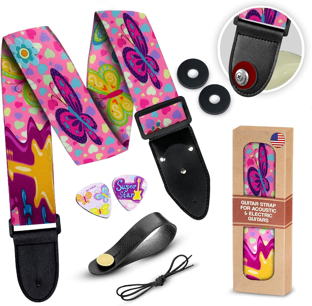 Guitar Strap For Acoustic, Electric and Bass Guitars, Adjustable Padded Leather Ends Guitar Straps For Men and Women