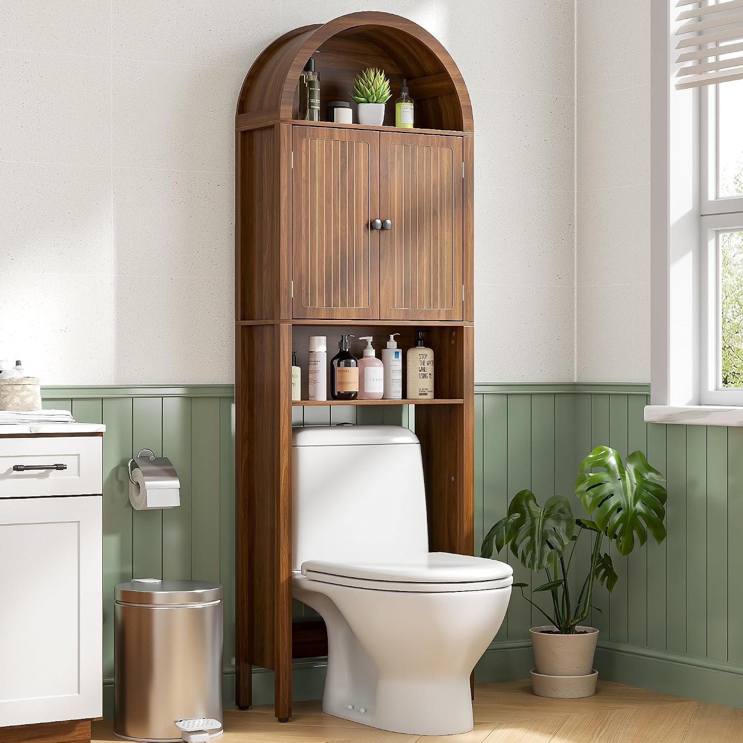 Arched Over The Toilet Storage Cabinet with Fluted Doors, 4 Tier Small Bathroom Shelf Organizer, Mid Century Modern