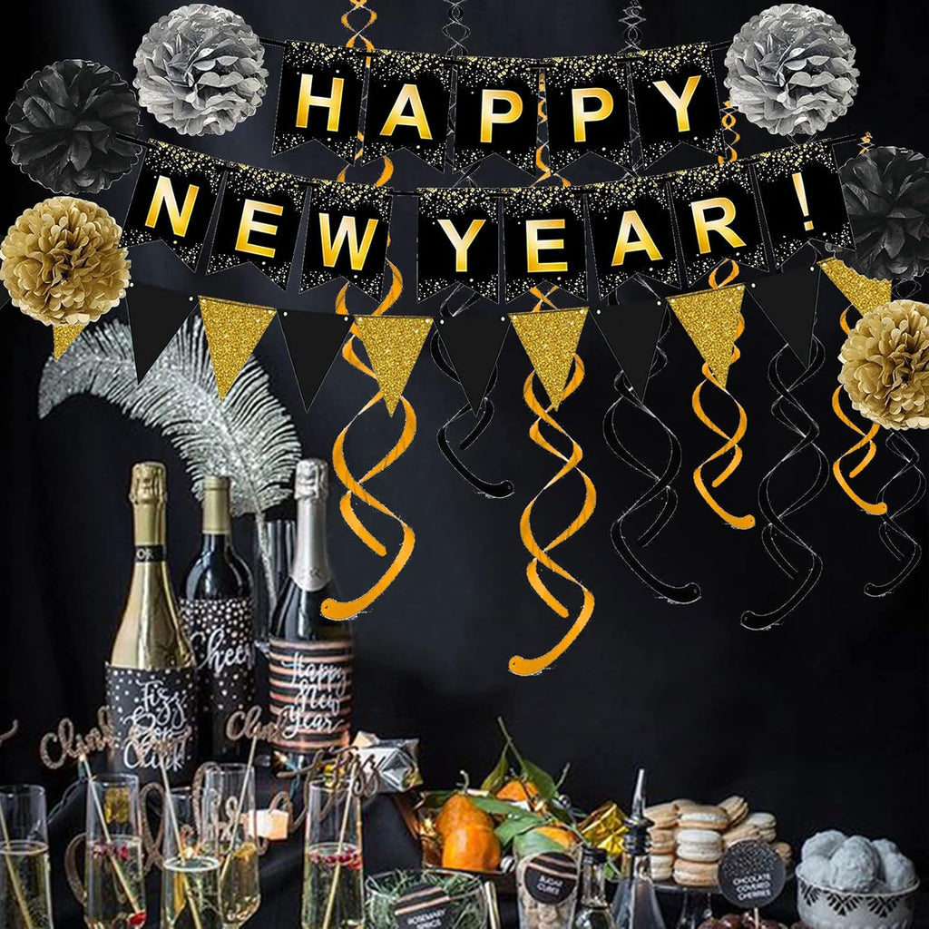 Happy New Year Set Black Banner with Gold Black Paper Flag Bunting Swirl Streamers & Pom Poms for Happy New Year