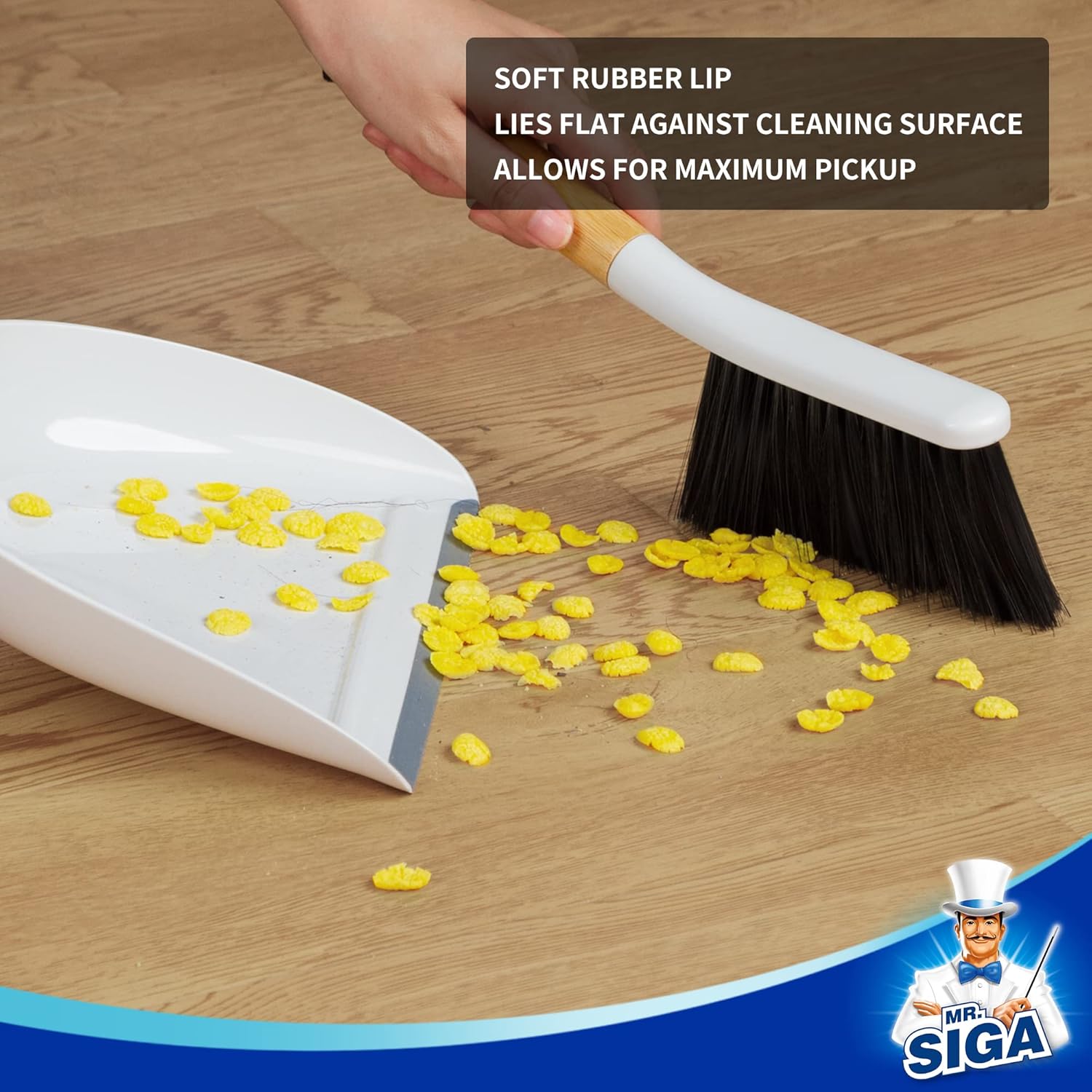Dustpan and Brush Set, Portable Cleaning Brush and Dustpan Combo with Bamboo Handle, White, 1 Set