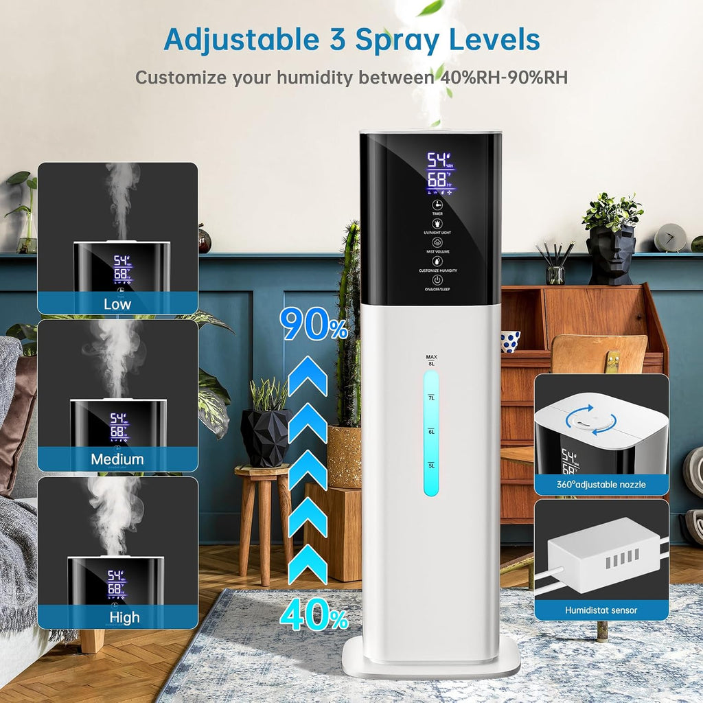 Humidifier Large Room Bedroom, 8L/2.1Gal Top Fill Cool Mist Humidifiers with Humidistat, 3-Speeds, 48H Runtime, Quiet