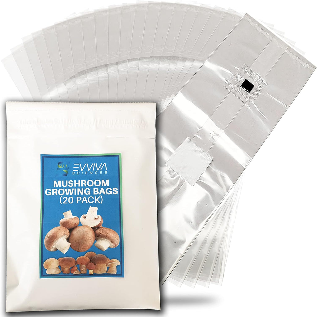 Mushroom Grow Bags with Self Healing Injection Port - 20 Bags - Evviva Sciences - 0.2 Micron Patch - Thick 3mm