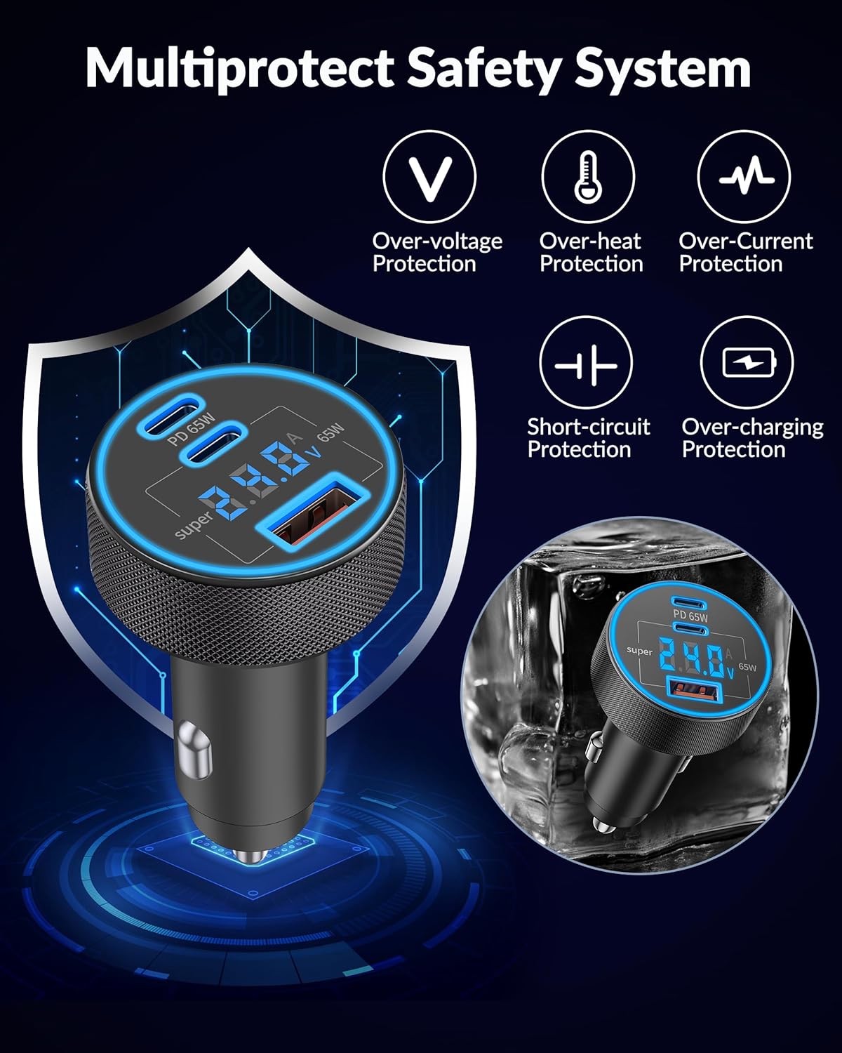 Car Charger USB C, 3-Port 130W Super Fast Car Phone Cigarette Lighter USB Charger, 12-24V USB Outlet Type C Car