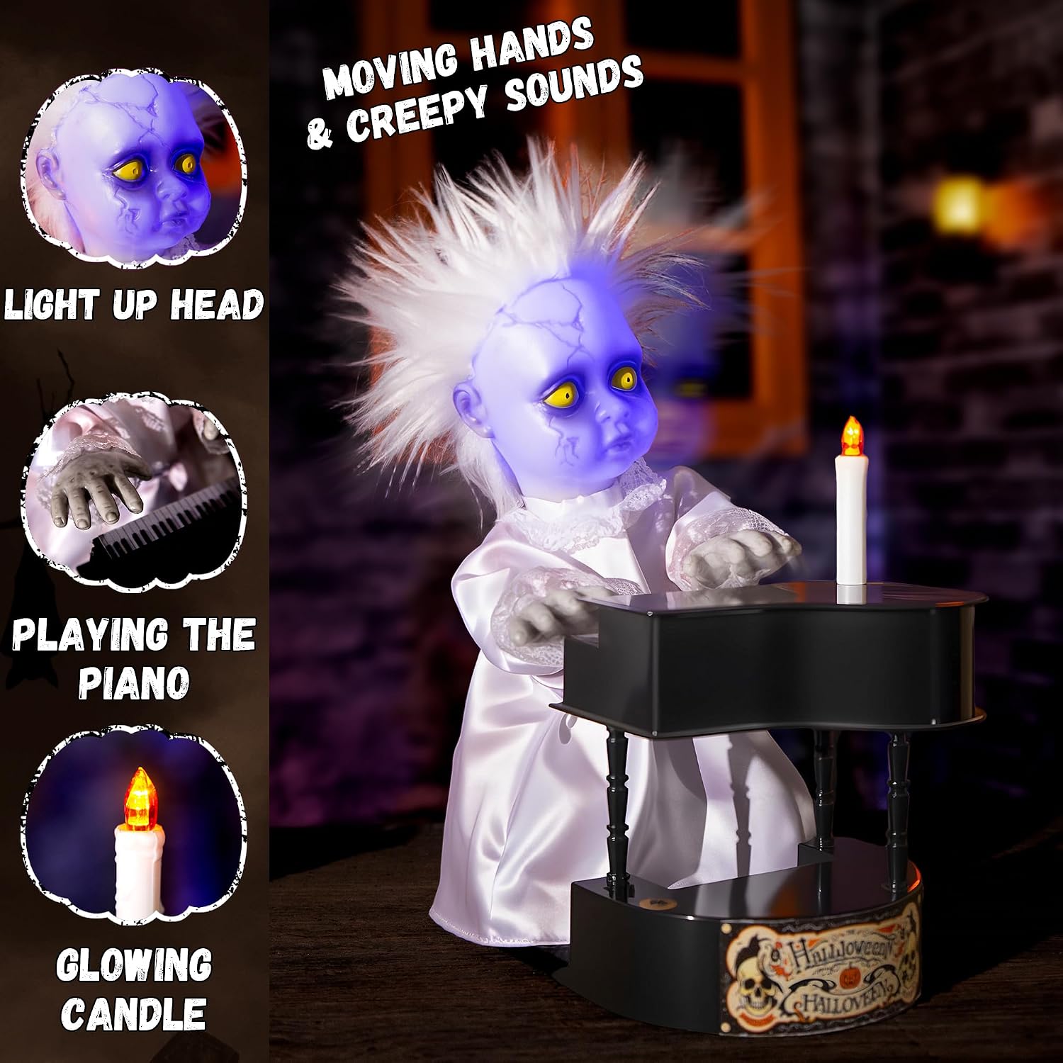 Halloween Animatronics Decorations, 13.7'' Creepy Doll with Piano, Animated Doll with Sound Activated, Scary Voice