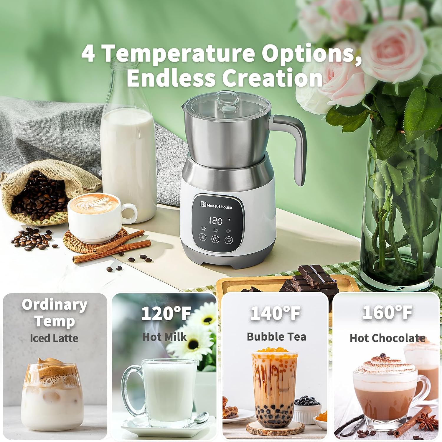 DualFro 600 Milk Frother and Steamer 21oz/600mL | Variable Temp 4 Settings & 3 Froth Levels, Touch Control 6 Presets