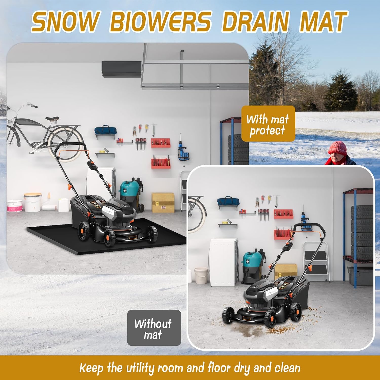 Snow Blower Mat, 34''x21.9'' Silicone Snowblower Drip Pan with Raised Edge for Garage, Electric Snow Shovel Mat