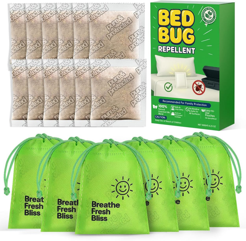 Bed Bug Repellent Pouches, 12 Pack Natural Plant Based Essential Oil, Flea and Mite Bedbug Deterrent for Indoor Home