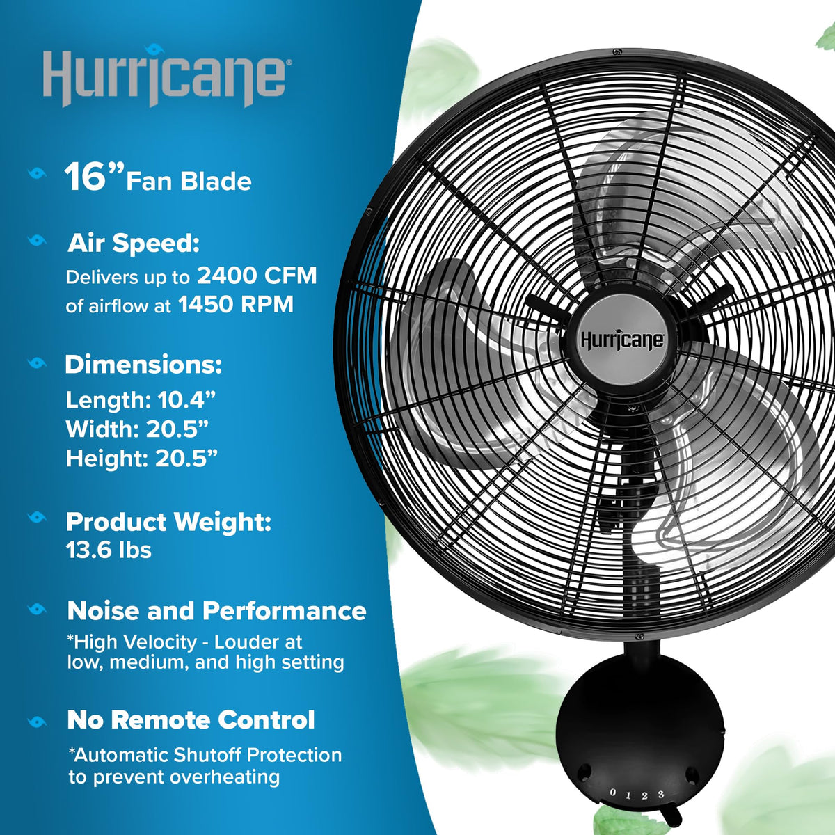 Pro High Velocity Oscillating Wall Fan, 3 Speeds, Black, 16in