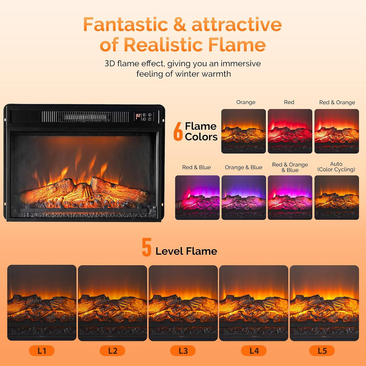 26" Electric Fireplace Inserts with Remote Control, 1400W Recessed Stove Heater with 8H Timer, 6 Flame Colors, 5