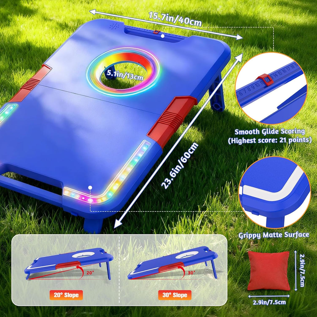 Portable Cornhole Board Set with LED Lights, Scoring & Sound Effects | 2 Foldable Boards & 8 Bean Bags for Backyard
