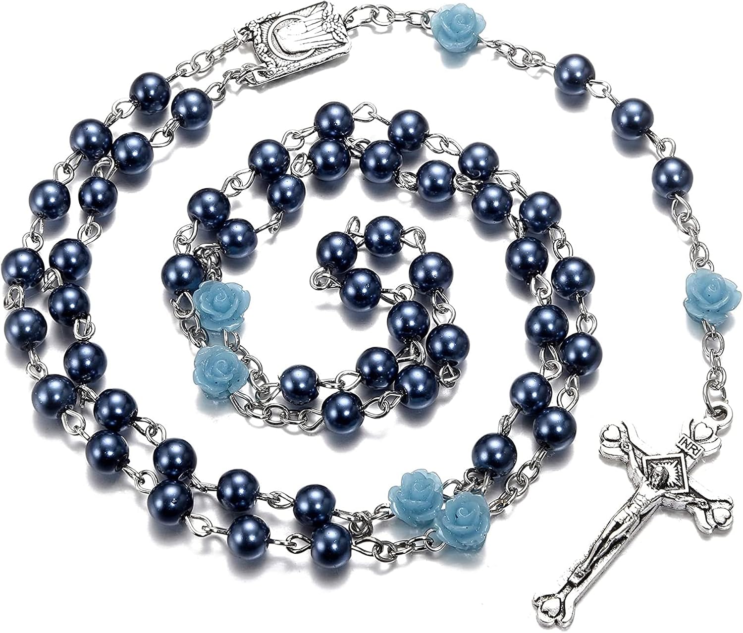 Rosary Beads Catholic Necklace Holy Soil Medal Cross Crucifix with Metal Box and 18pcs Prayer Cards