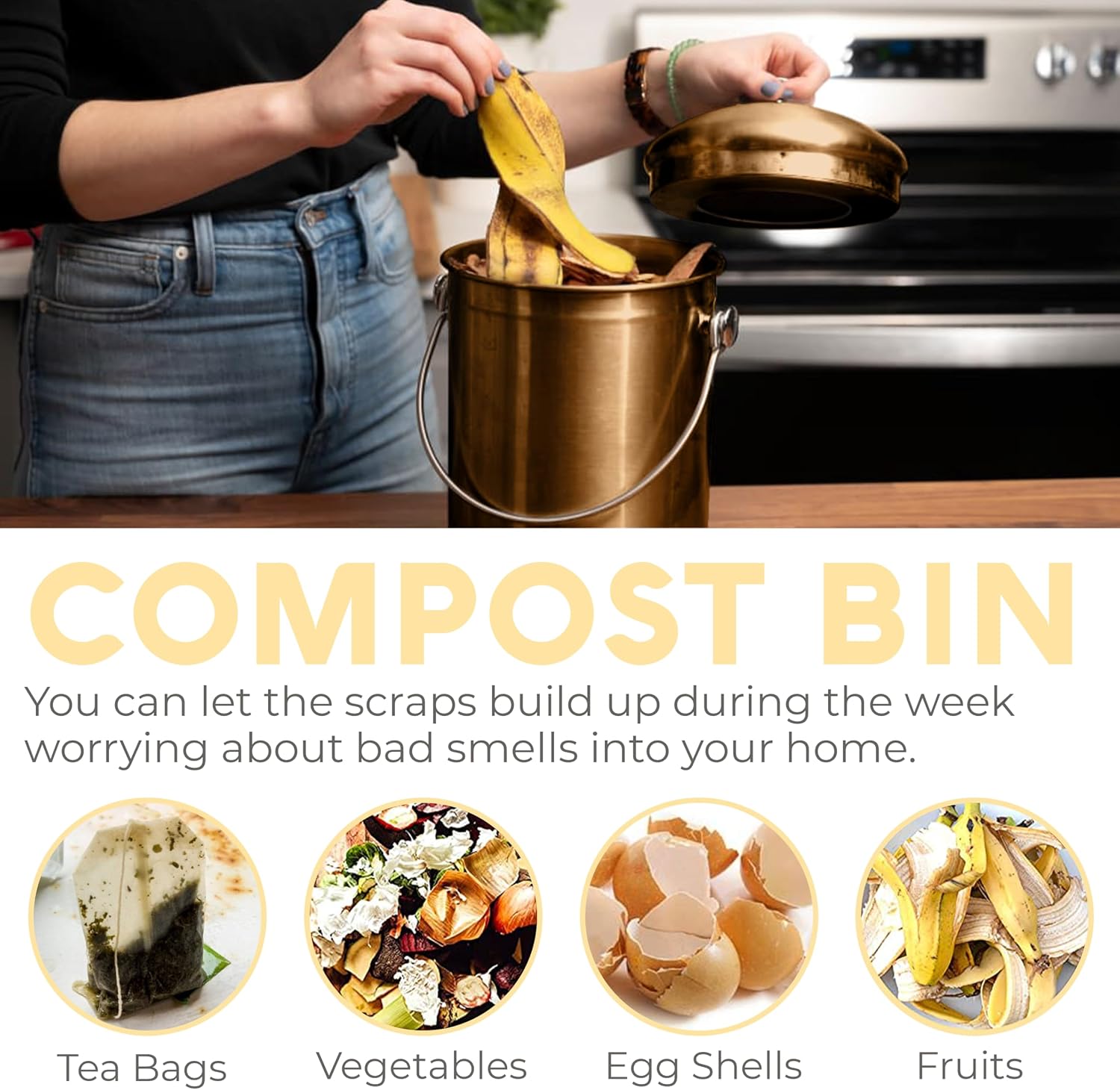 Kitchen Compost Bin for Kicthen Countertops, 1.3 Galllon - Copper