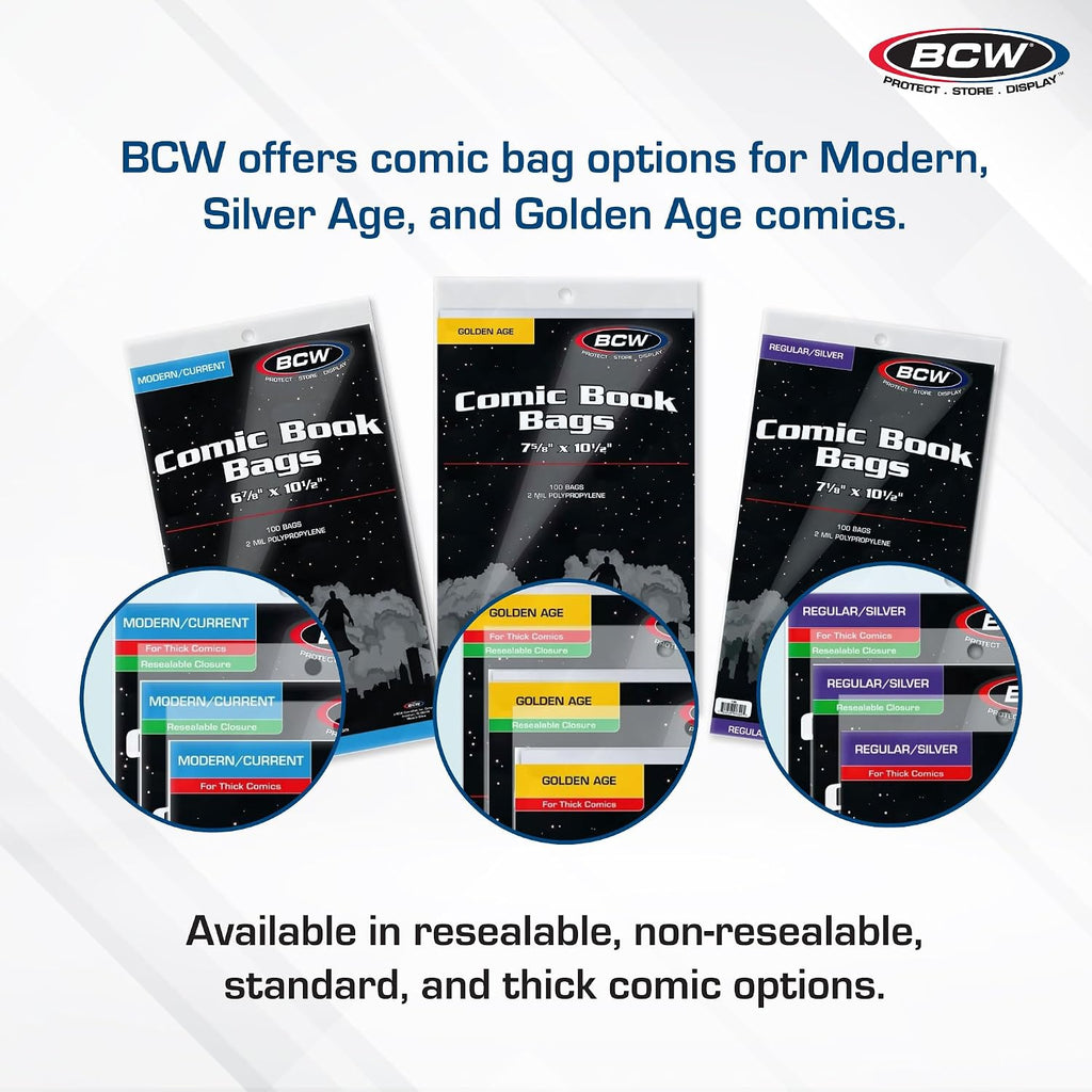Resealable Silver Age Comic Bags - 200 ct | Archival Quality, Acid-Free Protection for Silver Age Comic Books | 7 1/8