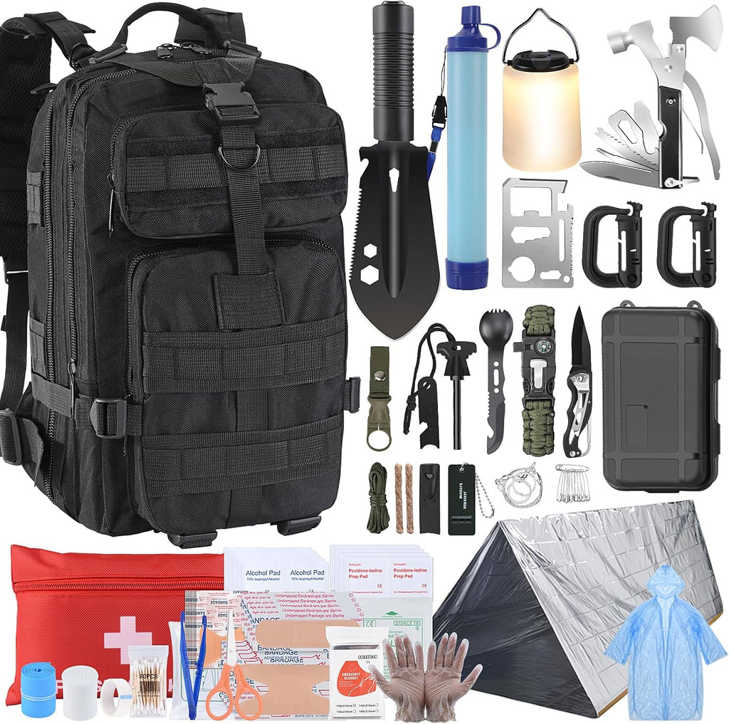 Survival Kit, Survival Gear and Equipment 258 PCS with Water Filter, Emergency Tent, LED Lantern, First Aid Kit