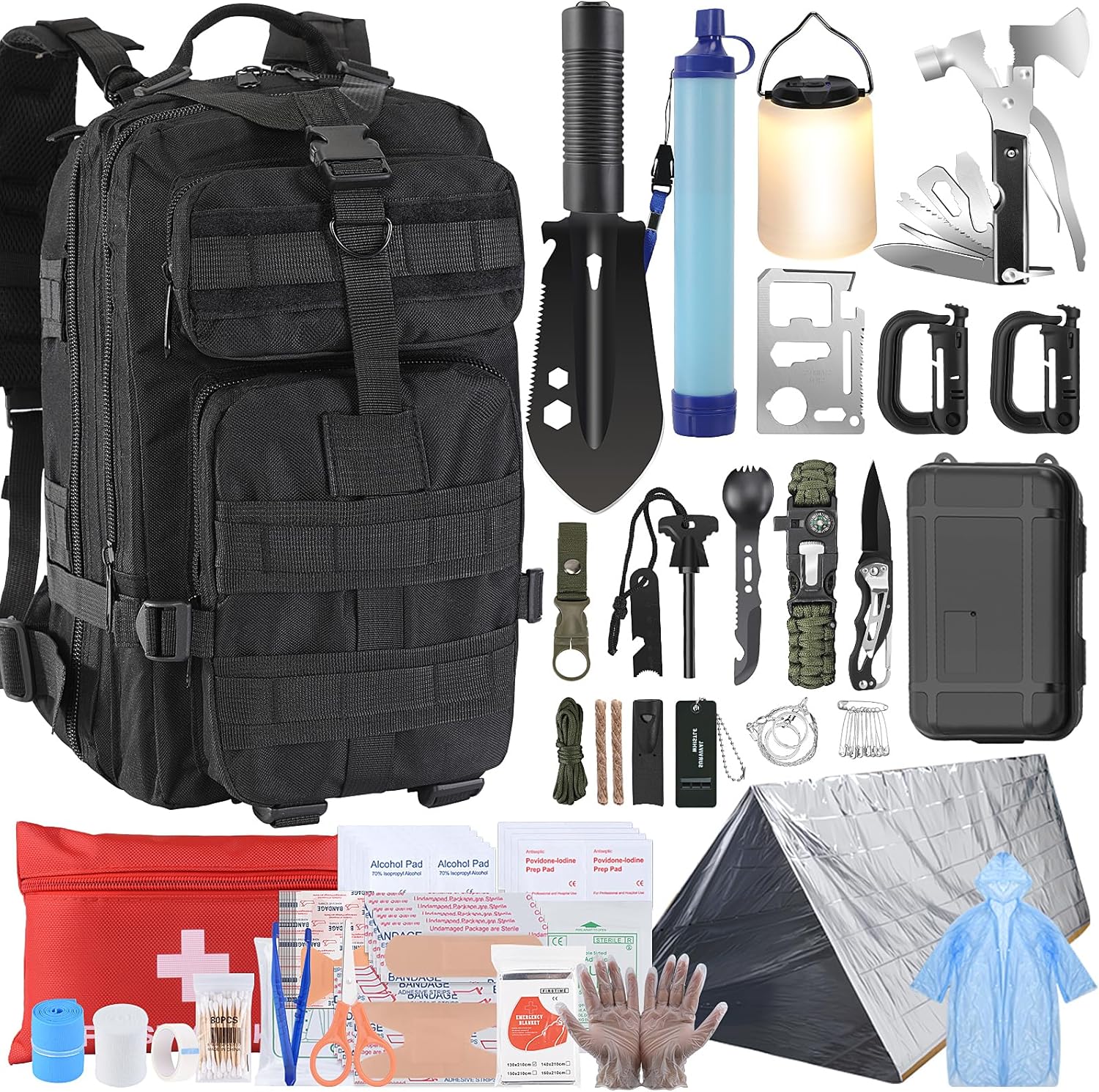 Survival Kit, Survival Gear and Equipment 258 PCS with Water Filter, Emergency Tent, LED Lantern, First Aid Kit