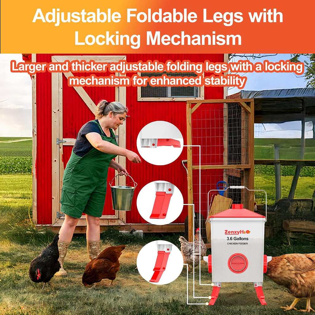 3.6 Gal Chicken Feeder with 4 No-Waste Ports - 3 Height Adjustable