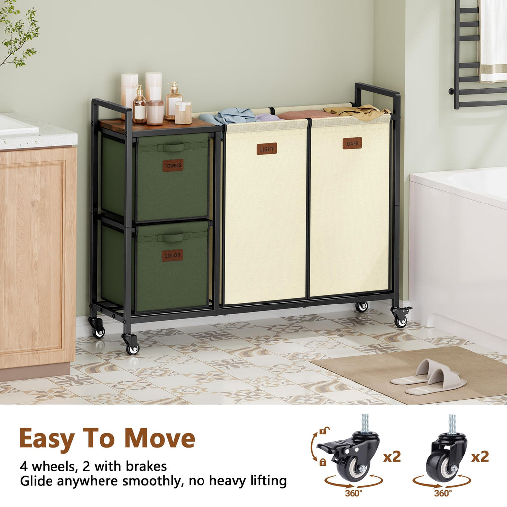 4 Section Laundry Cart, 52.8 Gal. (200L) Laundry Hamper with Lid, Laundry Basket with Wheels, Rolling Laundry Sorter