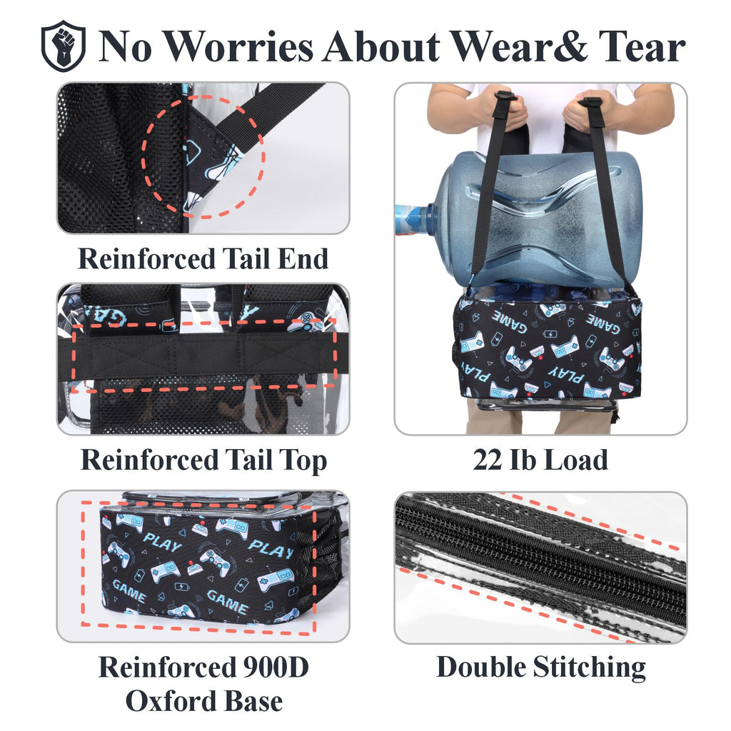 Clear Backpack for School - 17 Inch Game Patterned Bookbag, Black