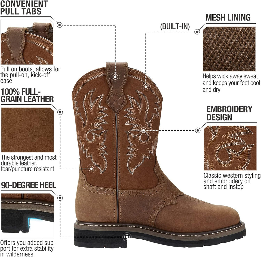 NINGO Steel Toe Work Boots for Men Square Toe Cowboy Boots Soft Toe | Full-Grain Leather Western Boots, Water & Slip