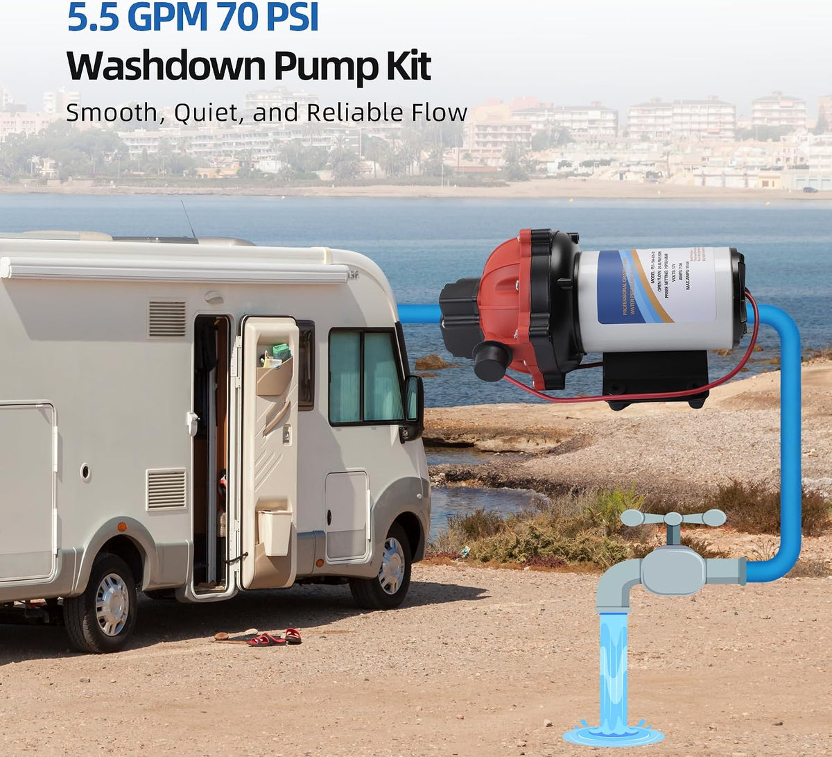 Washdown Pump Kit - 12V DC 5.5 GPM 70 PSI