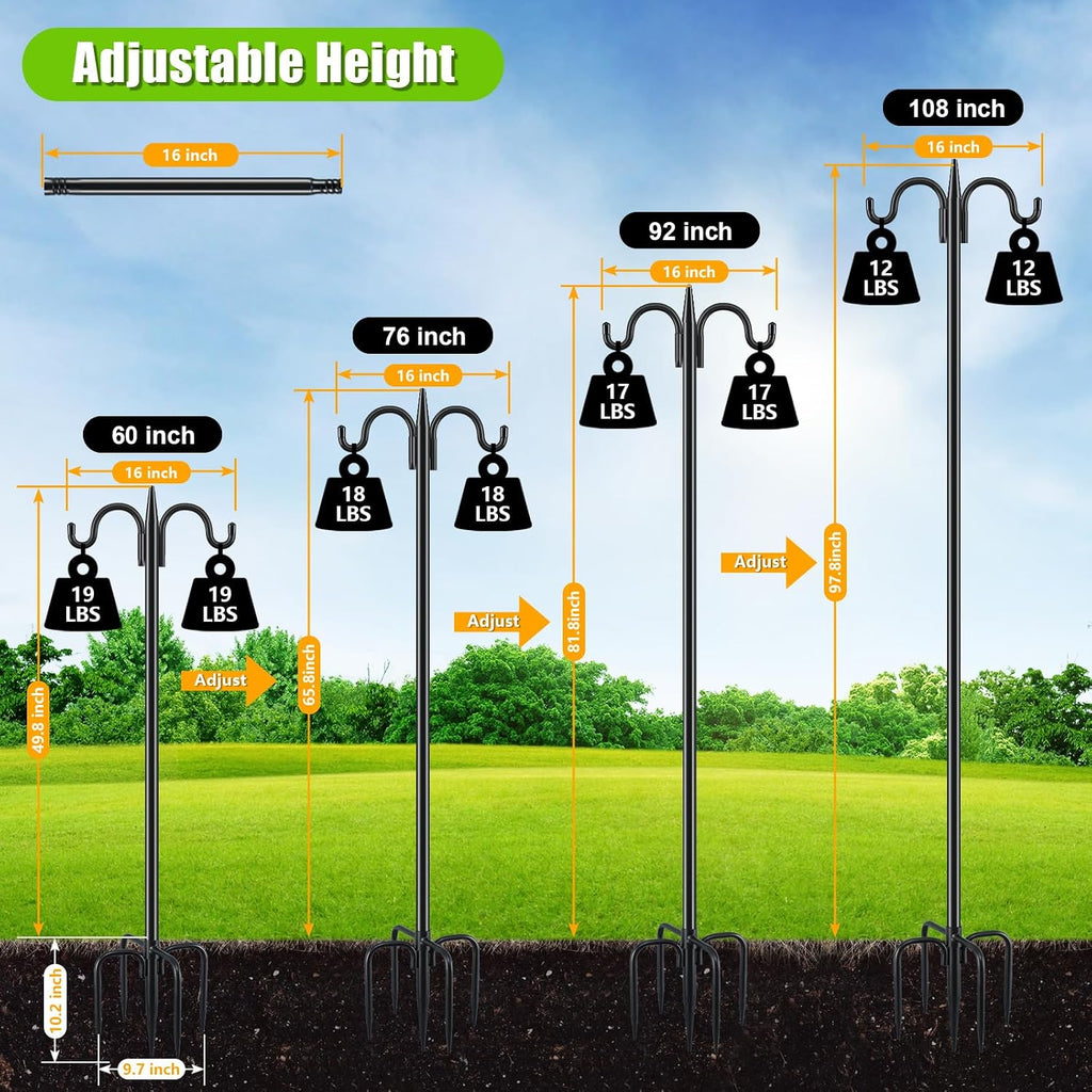 Bird Feeder Pole for Outdoors Heavy Duty, 92 Inch Double Shepherds Hook with 5-Prong Stable Base, 3/4 Inch Thick
