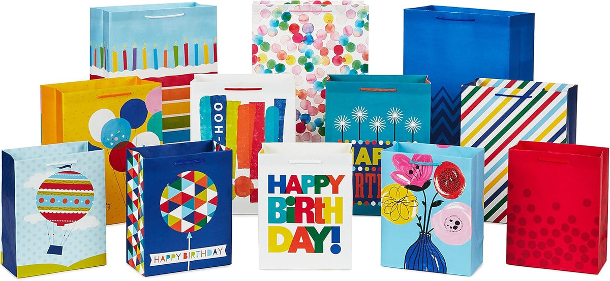 Gift Bag Assortment, 12-Pack, 3 Sizes (Birthday, Stripes, Dots)