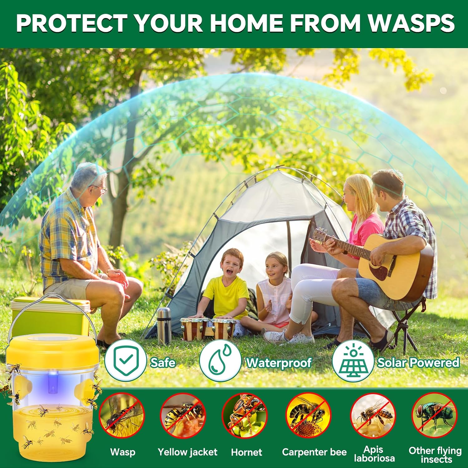 Wasp Trap, Solar Wasp Traps Outdoor Hanging, Reusable Yellow Jacket Hornet Trap with LED Light for Outside Garden