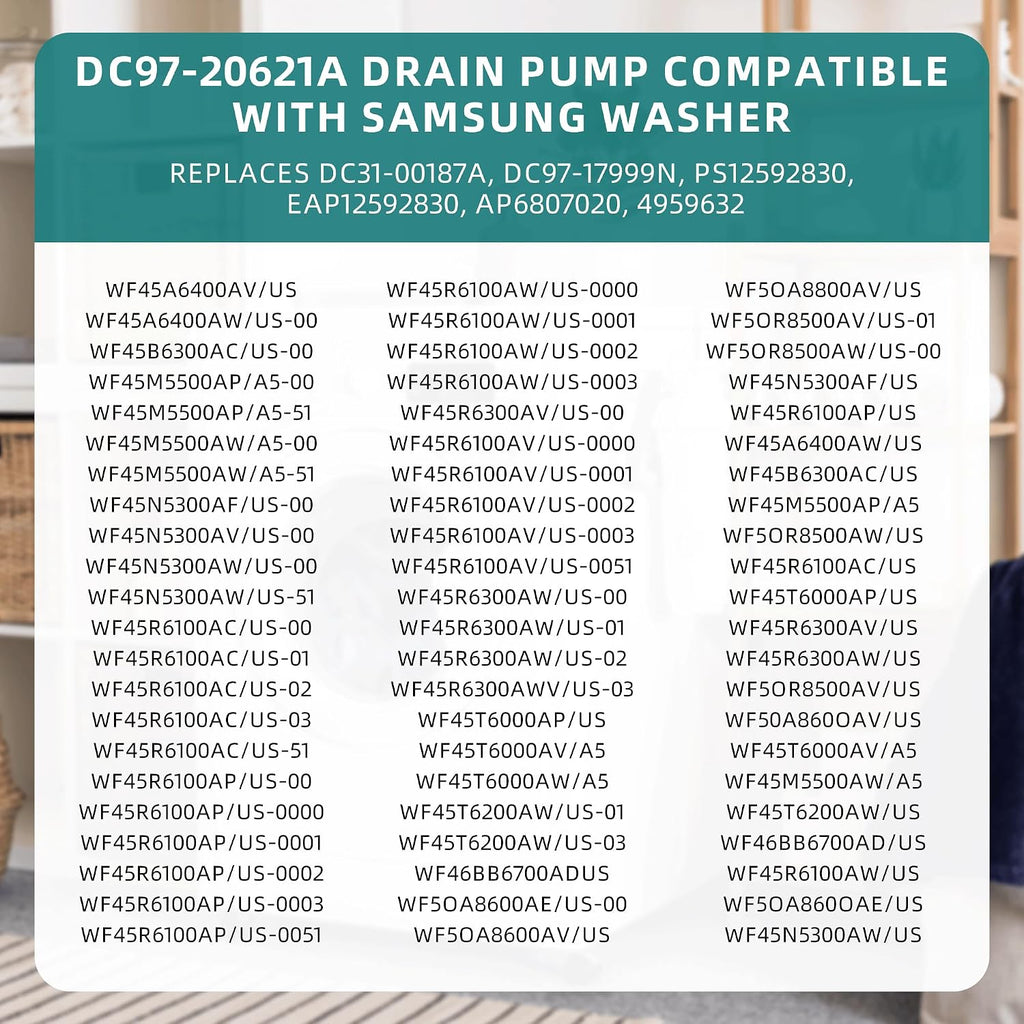 DC97-20621A DC31-00187A DC97-20621C Drain Pump Assembly for Samsung Washer,Replace PX3516-01 DC97-17999N WF45R6300AV/US WF45B6300AP/US WF45M5500AP/A5 WF45R6100AP/US WF45R6300AW/US AP6807020 PS12592830