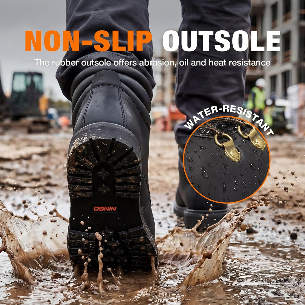 Steel Toe Work Boots for Men, Water Resistant Durable Crazy Horse Leather Construction Boots, Goodyear Welt Non Slip