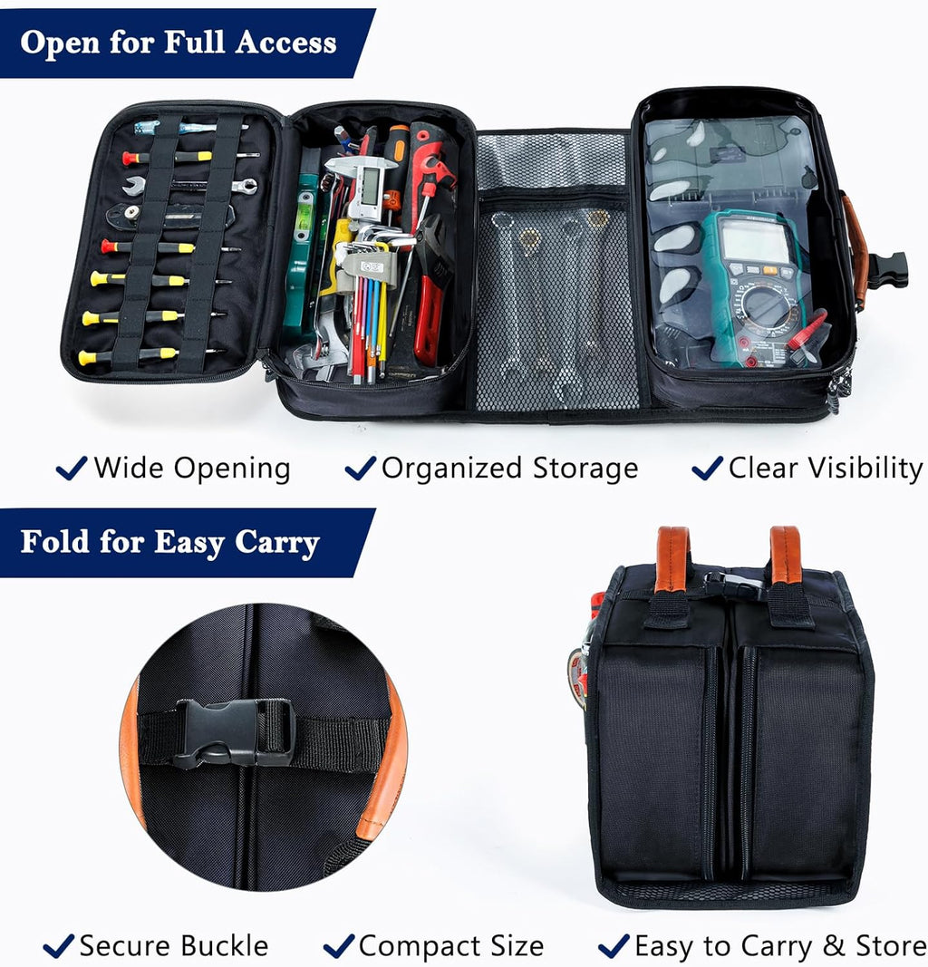 Heavy Duty Tool Bag Organizer with Clear Lid Compartments for Electrician, Portable Tool Organizer Case for