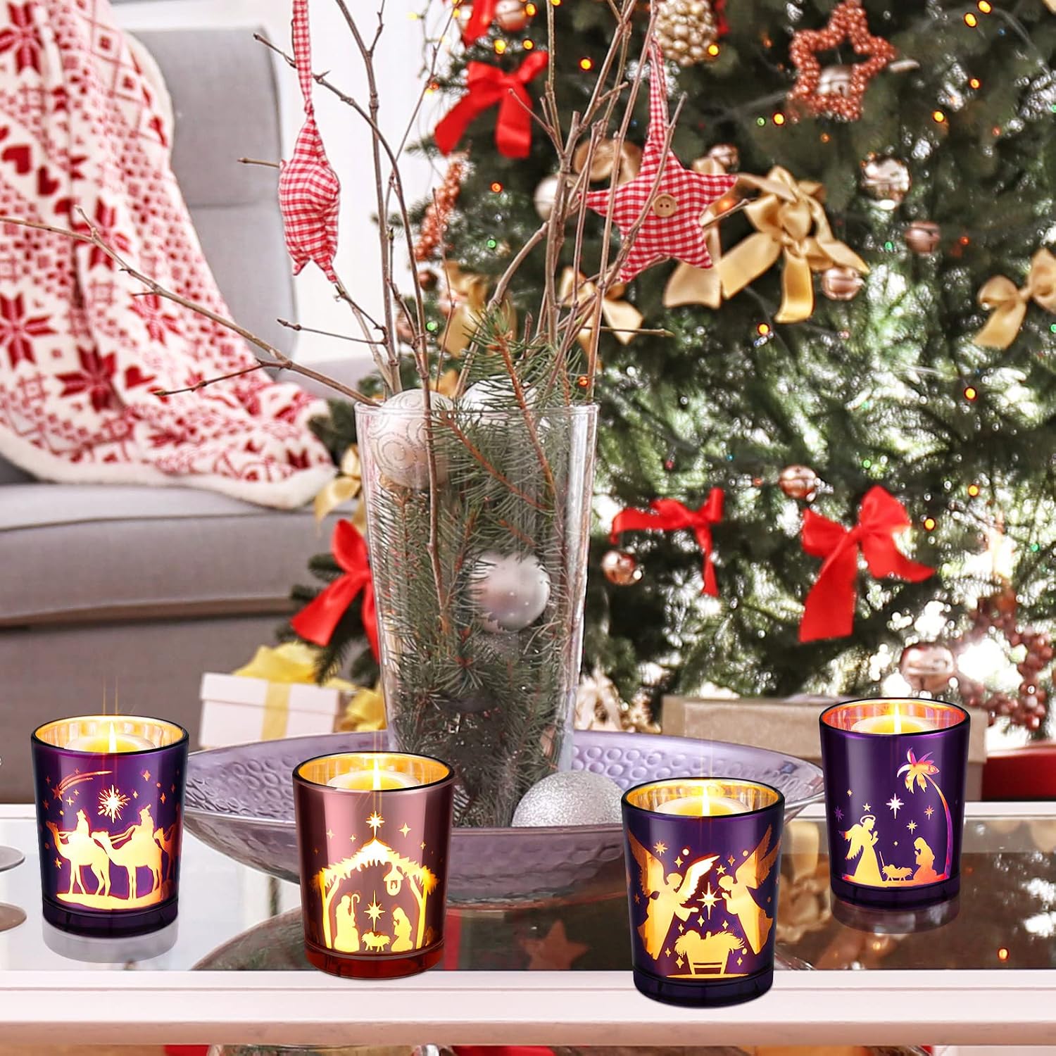 4 Pcs Advent Candle Holders Nativity Glass Purple Pink Tealight
