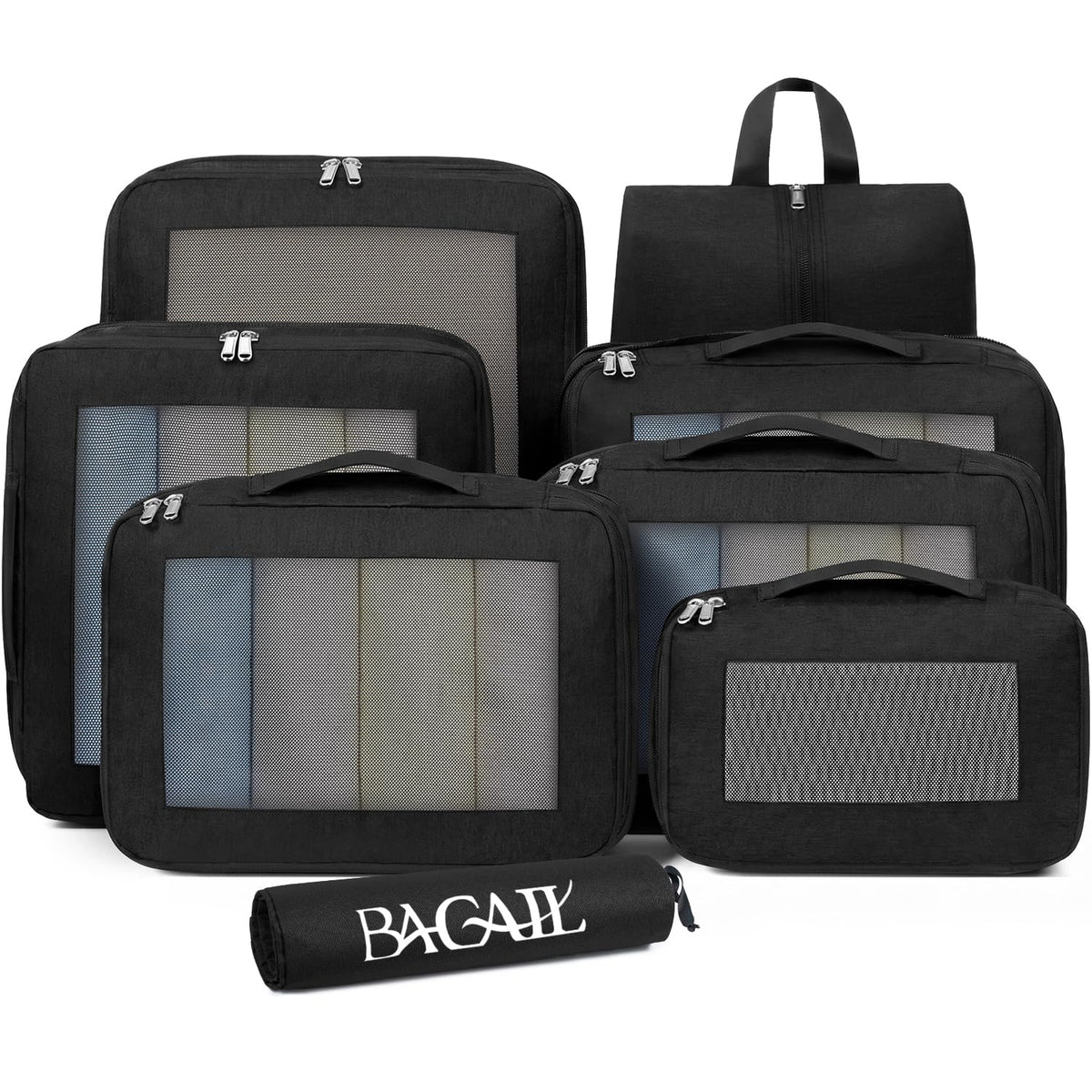 Compression Packing Cubes for Travel Essentials, 8 Set-Black