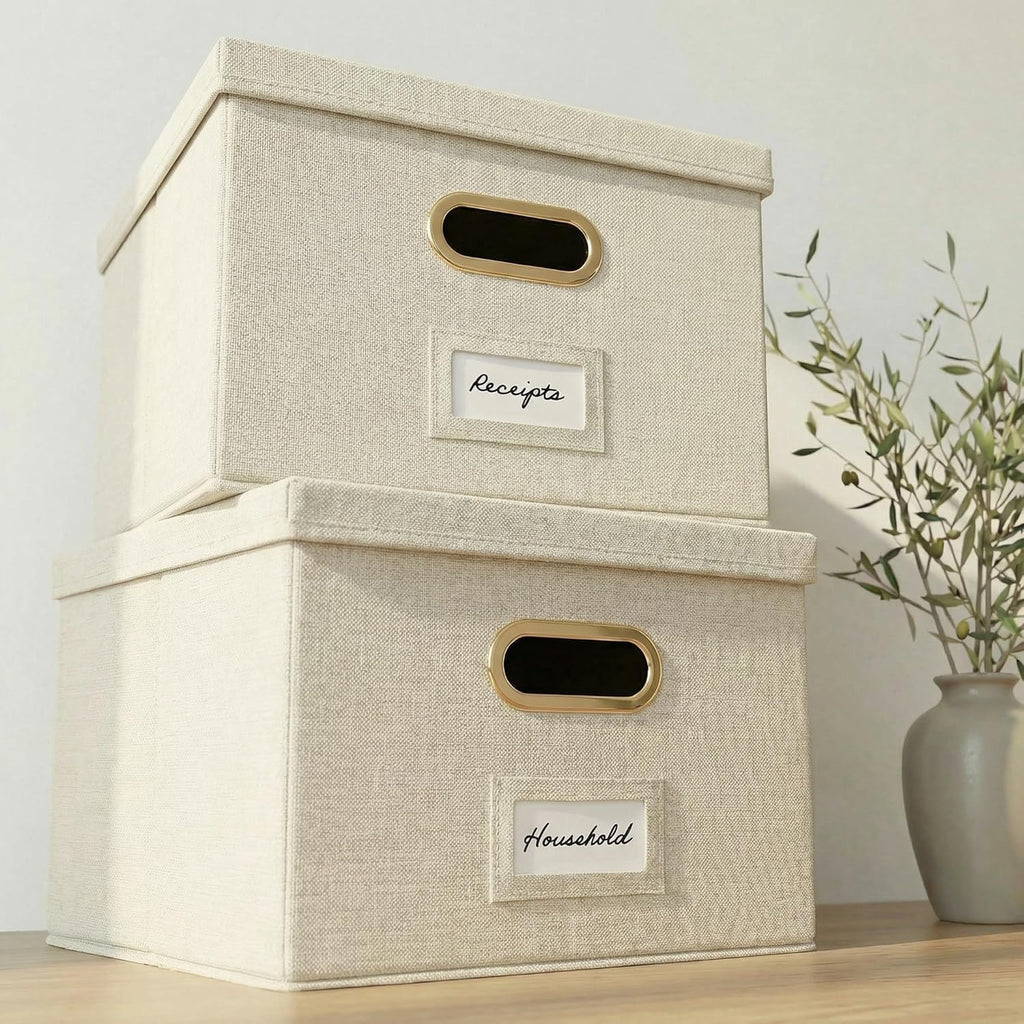 Decorative File Organizer Box Set of 2 - Collapsible Linen Filing Cabinets with Handles Are Perfect to Store All Your
