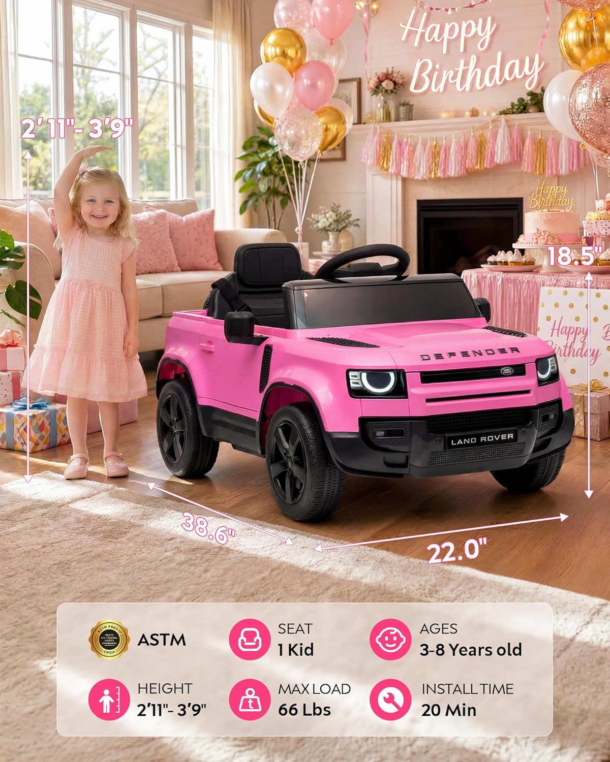 12V Licensed Land Rover Electric Ride On Car for Kids, Pink | Soft Start, Parent Remote, Seat Harness, 3 Speeds