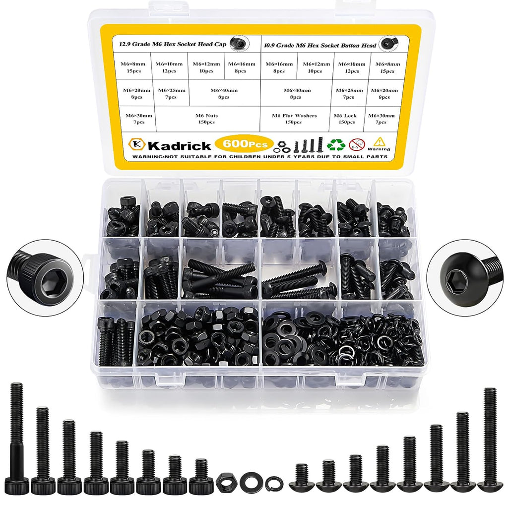 KADRICK 600PCS M6 Screws Assortment,Hex Socket Button & Cap Head M6 Bolts