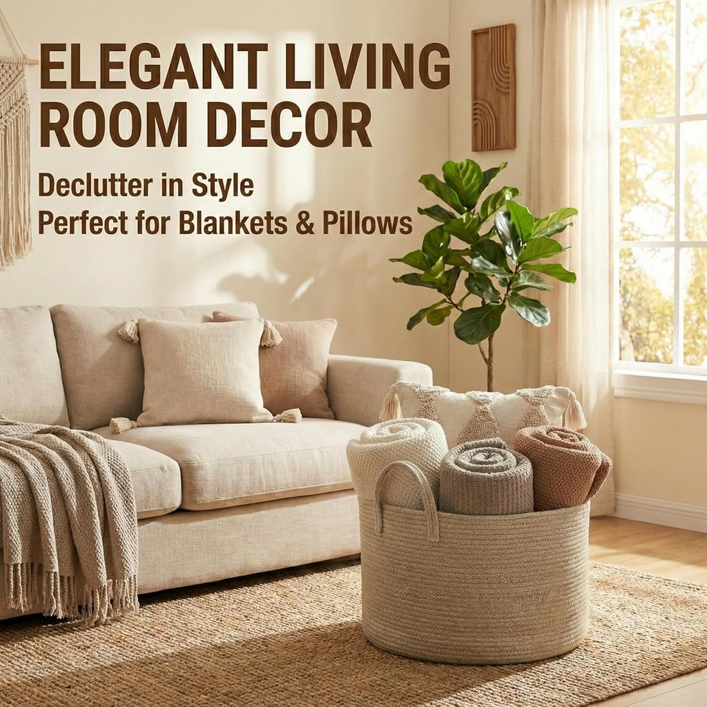65L Extra Large Blanket Basket for Living Room - Woven Cotton Rope Laundry Hamper with Reinforced Handles - Storage