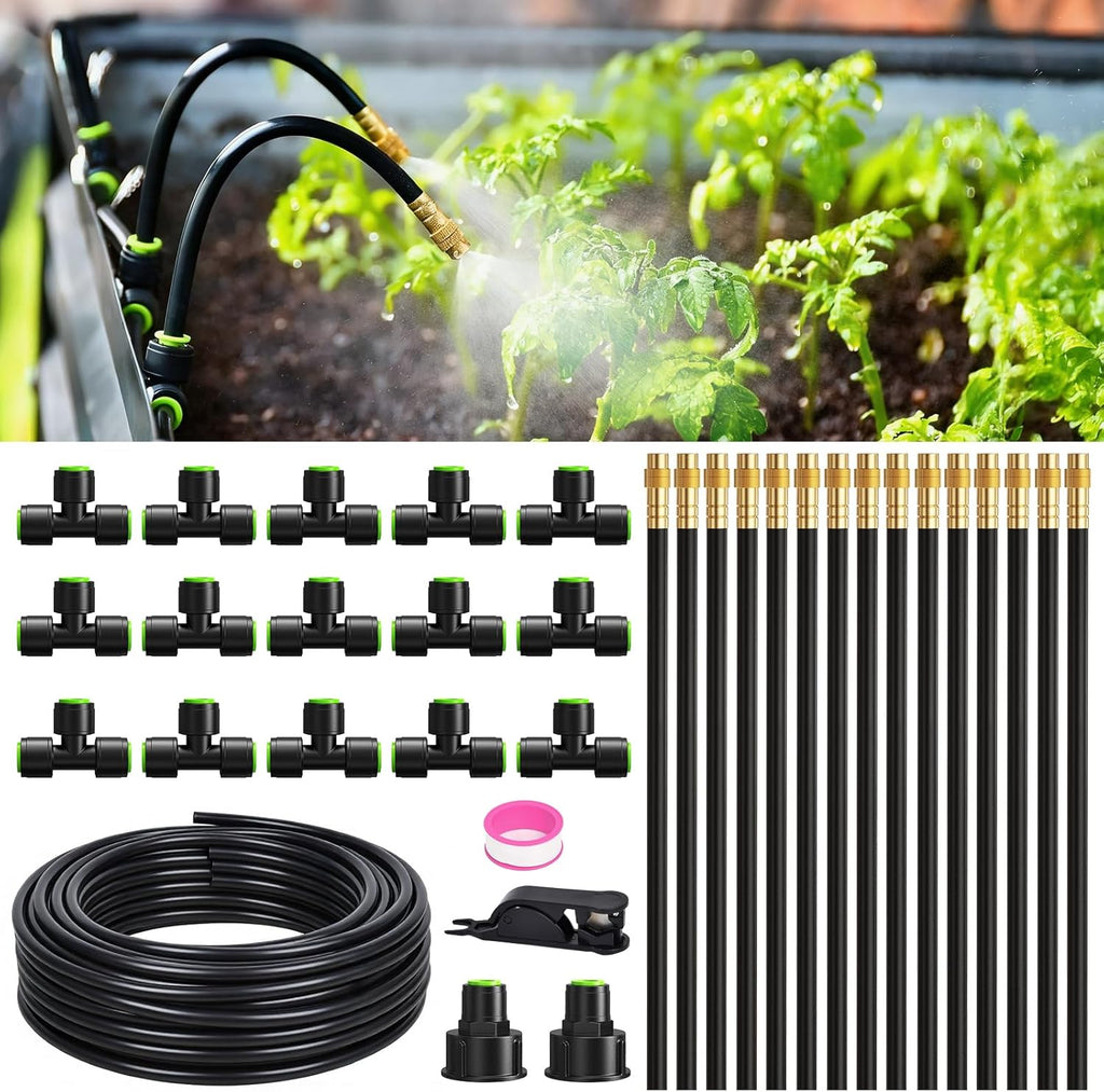 50FT Drip Irrigation System, Garden Watering Kit with 15pcs 360°Adjustable Copper Nozzles, Automatic Atomizing