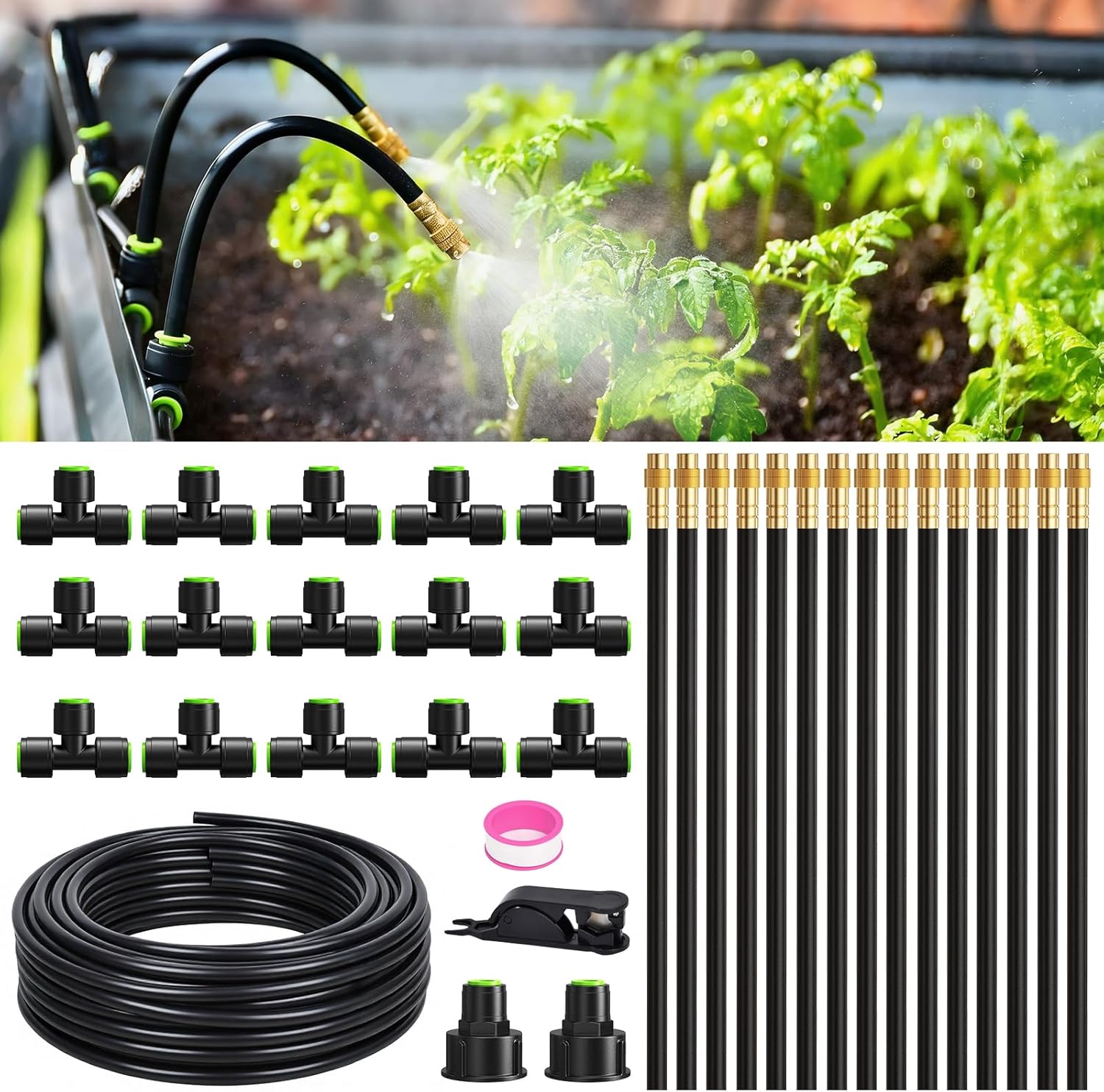 50FT Drip Irrigation System, Garden Watering Kit with 15pcs 360°Adjustable Copper Nozzles, Automatic Atomizing