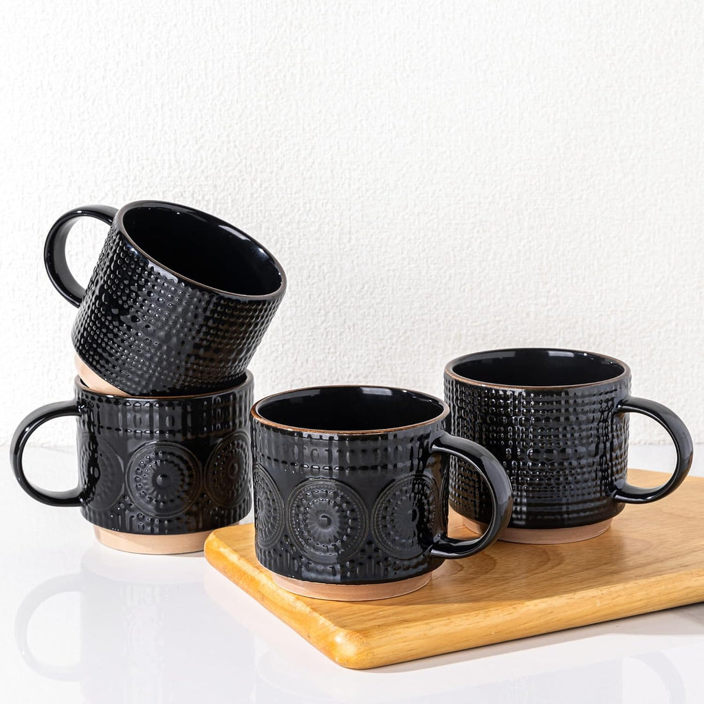 12OZ Stackable Coffee Mugs, Ceramic Coffee Mugs with Texture Patterns for Man,Woman,Dad,Mom, Modern Coffee Mugs Set
