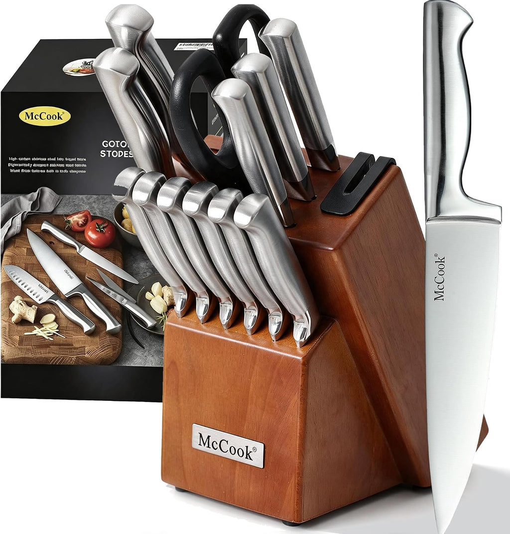 Kitchen Knife Set 15PC Knife Block Set w Built-in Sharpener