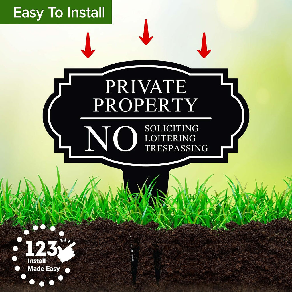 Private Property No Soliciting Liotering Trespassing Sign, Inground 11x11 Inches, Rust Free ACM, Fade Resistant, Made