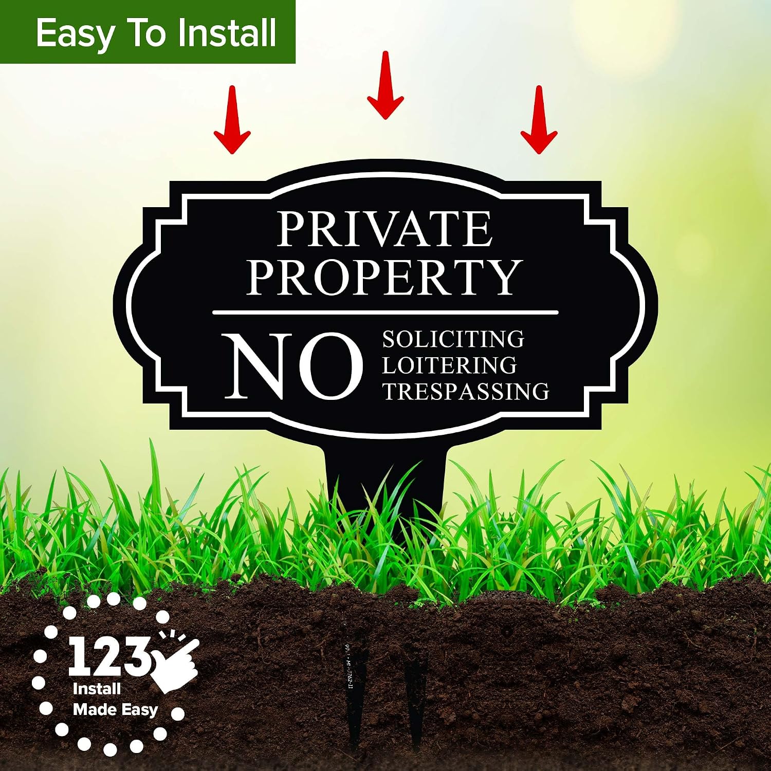 Private Property No Soliciting Liotering Trespassing Sign, Inground 11x11 Inches, Rust Free ACM, Fade Resistant, Made