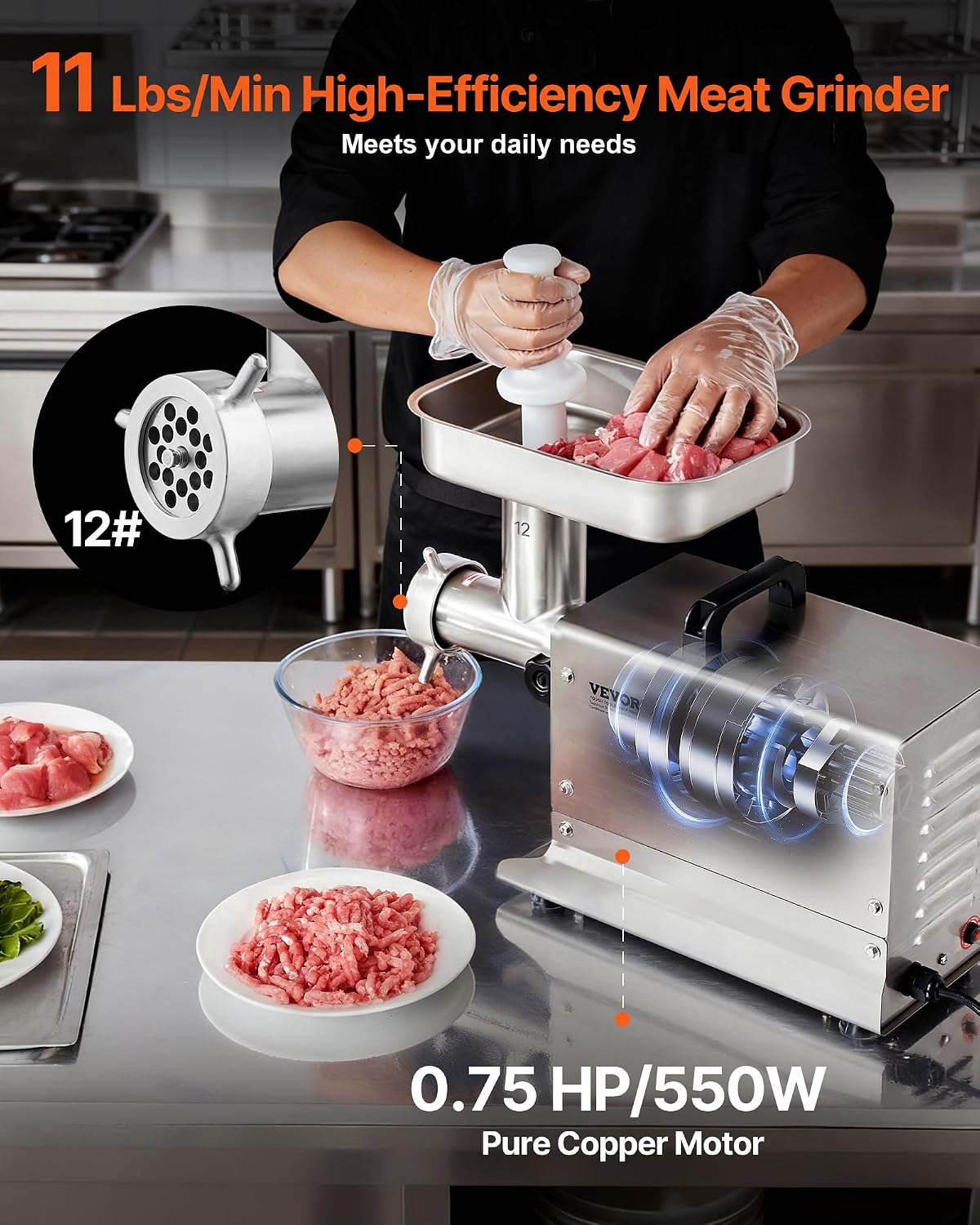 Meat Grinder, 0.75 HP 550W, 11 Lbs/Min Electric Meat Grinders with Blade, Grinding Plate, Sausage Maker, Stainless