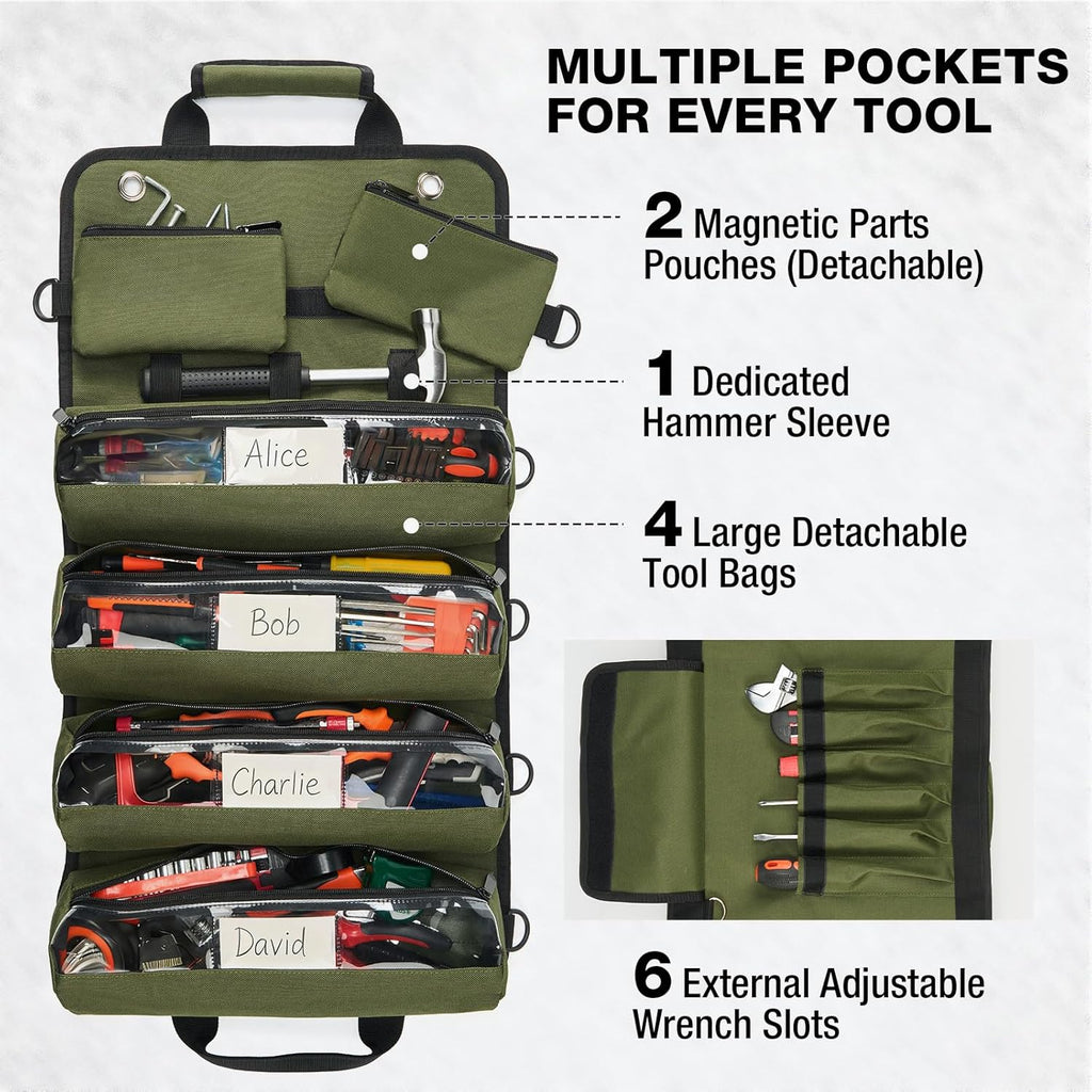 Roll Up Tool Bag, Heavy Duty Tool Storage Large-Capacity, 27"*14" Portable Tools Organizer with Utility Detachable